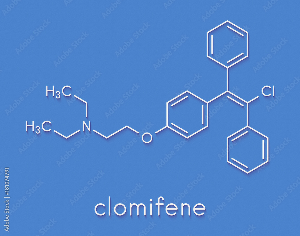 Clomifene (clomiphene) ovulation inducing drug molecule. The E-isomer (enclomifene) isomer is shown. Skeletal formula.