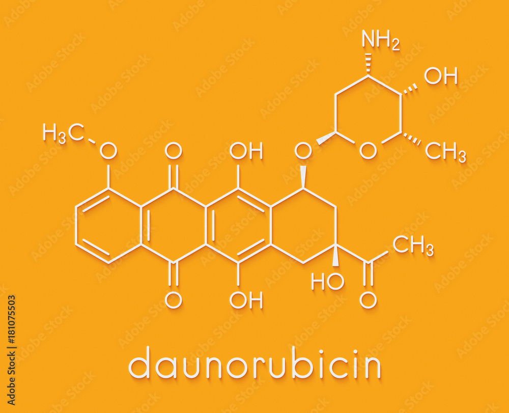 Daunorubicin (daunomycin) cancer chemotherapy drug molecule. Skeletal formula.