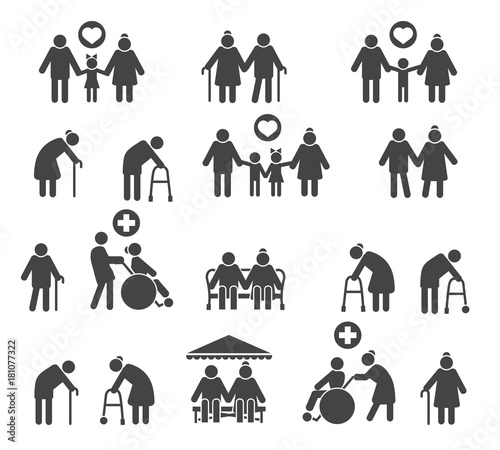 Retired people family. Senior parents and olds care silhouette icons isolated on white background, vector icons