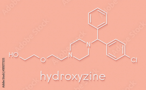 Hydroxyzine antihistamine drug. Used include treatment of itching, anxiety and motion sickness. Skeletal formula. photo