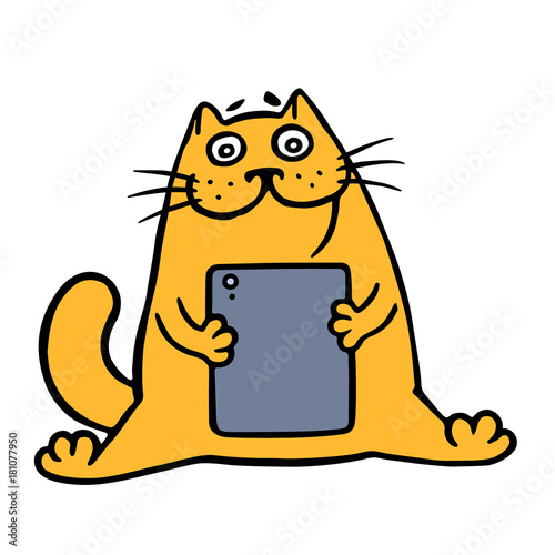 Cute orange cat and digital tablet. Vector Illustration.