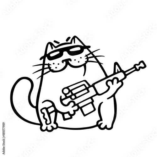 Mafia fighting cat with a submachine gun is ready for war. Vector Illustration.