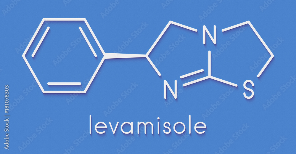 Levamisole antihelmintic drug molecule. levorotary isomer of tetramisole. Skeletal formula.