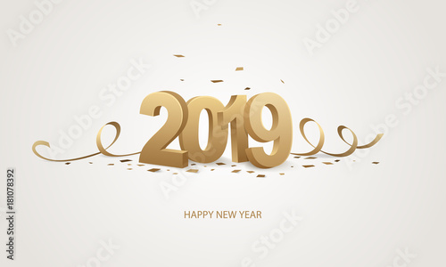 Happy New Year 2019. Golden 3D numbers with ribbons and confetti on a white background.