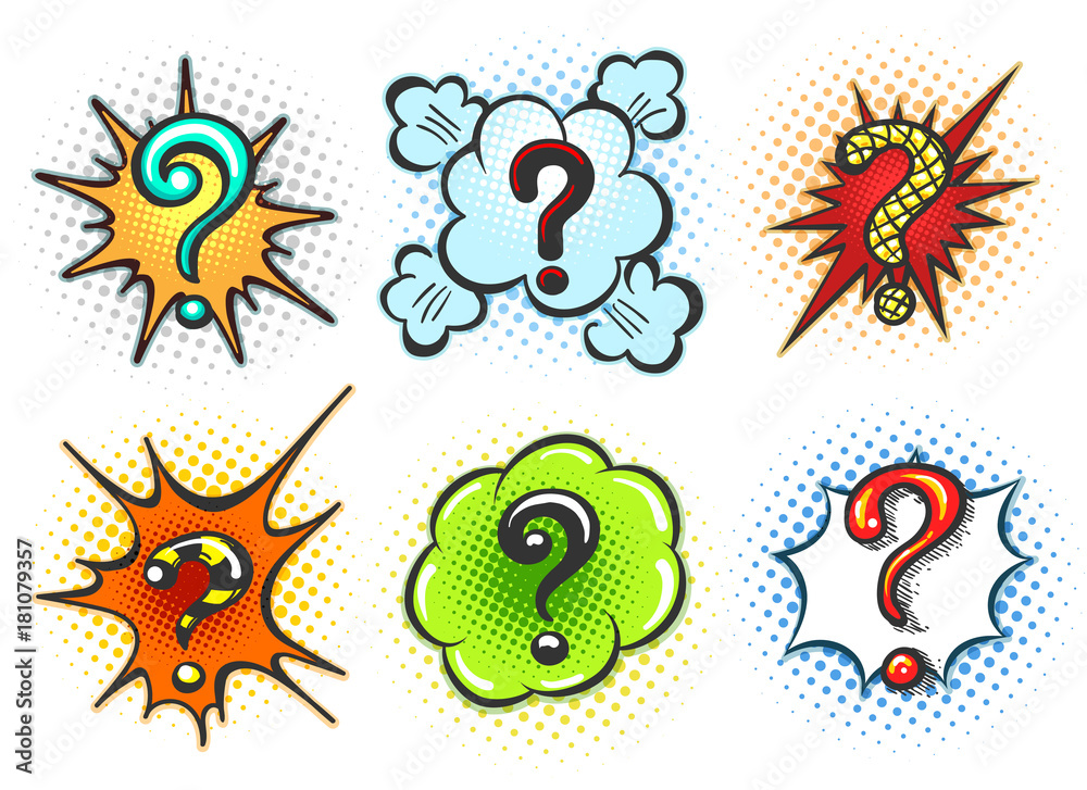 Comic question marks. Pop art speech bubble question mark box set isolated on white background, vector illustration Comic question marks. Pop art speech bubble question mark box set isolated on white background, vector illustration