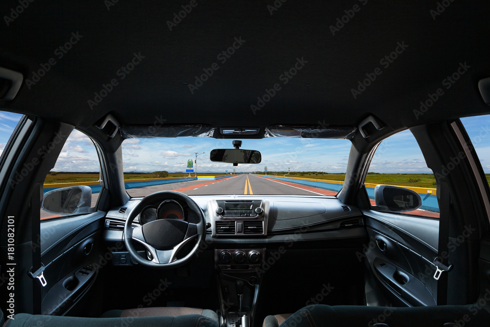 Car inside, Interior of modern car isolated white background.