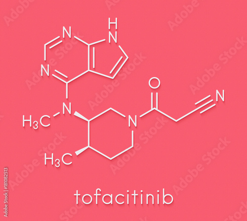 Tofacitinib rheumatoid arthritis drug molecule. Inhibitor of Janus kinase 3 (JAK3). Skeletal formula.
