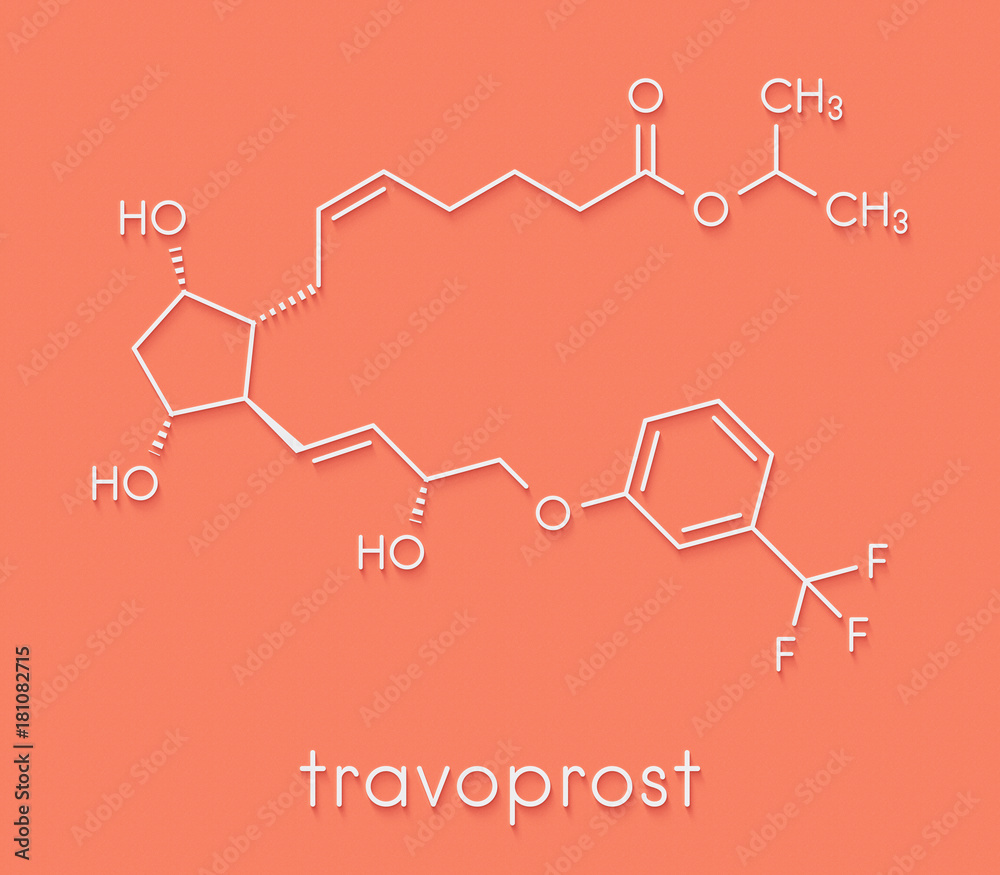 Travoprost eye disease drug molecule. Used in treatment of glaucoma and ocular hypertension. Skeletal formula. Travoprost eye disease drug molecule. Used in treatment of glaucoma and ocular hypertension. Skeletal formula.