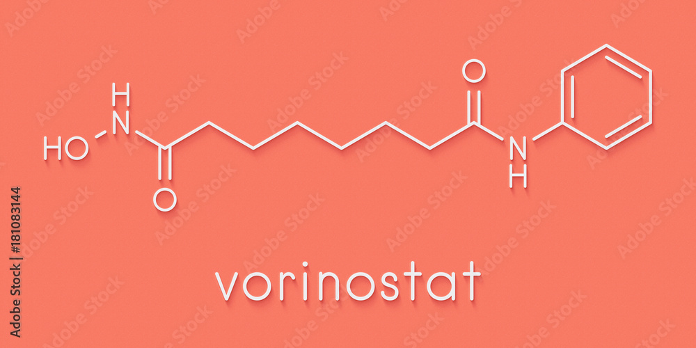 Vorinostat cutaneous T cell lymphoma drug molecule. Acts as histone deacetylase inhibitor. Skeletal formula.