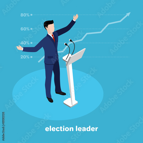 politically the leader at the rostrum, the leading candidate in the election on a blue background