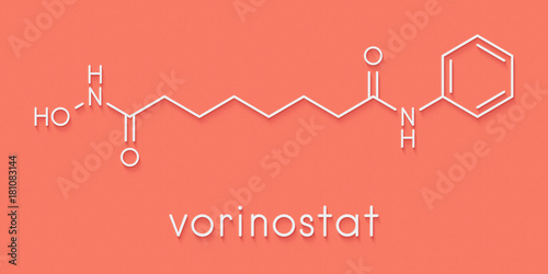 Vorinostat cutaneous T cell lymphoma drug molecule. Acts as histone deacetylase inhibitor. Skeletal formula. photo