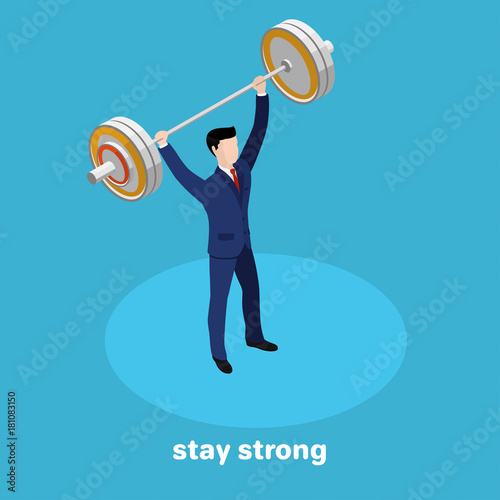 strong man in business suit with a barbell in hand on a blue background, isometric illustration