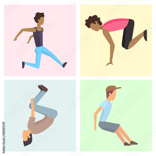 Fitness sport parkour cards people concept young person jumping extreme running danger gymnastics exercising vector illustration