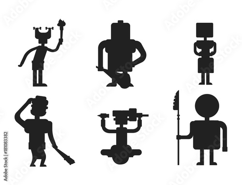 Caveman primitive stone black silhouette age cartoon neanderthal people character evolution vector illustration.