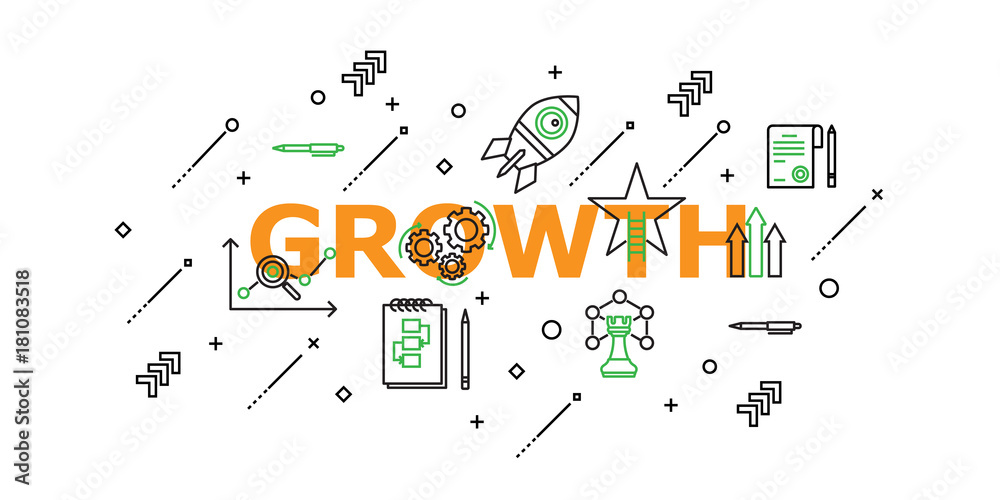 Growth Word with Icon Set in Concept of Human Resource Management and Business. Flat Thin line designed vector illustration on white Background. Editable Stroke.