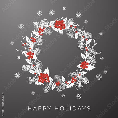 Gray Floral Wreath Winter Happy Holidays Vector Illustration 1