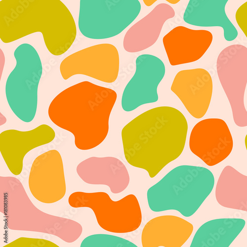 Colorful messy round abstract seamless pattern geometrical shapes on beige. Vector illustration.