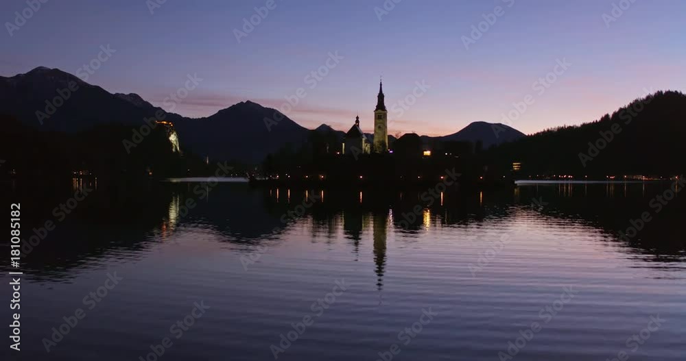 Aerial drone view of Bled lake and island at sunrise, Slovenia Aerial drone view of Bled lake and island at sunrise, Slovenia