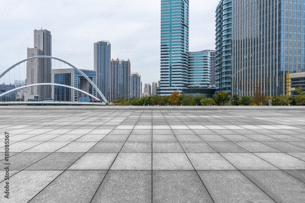 empty brick floor with cityscape and skyline in Tianjin, china