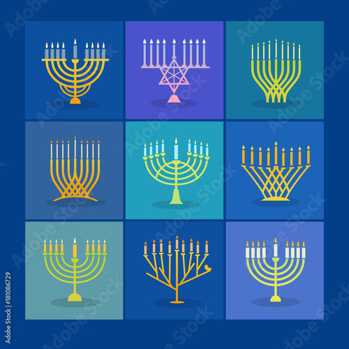 Set of 9 different modern menorah icons for celebrating Jewish holiday Hanukkah, festival of lights. 