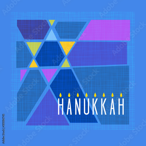Happy Hanukkah card. Menorah and abstract star of David in colorful cut paper style. For greeting cards, banners, posters.