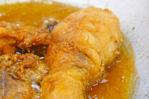 Close Up Chicken Frying In A Pan. Unhealthy Food Concept