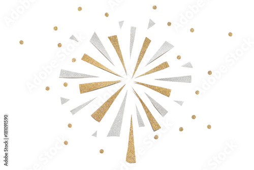 Gold and silver glitter firework paper cut on white background