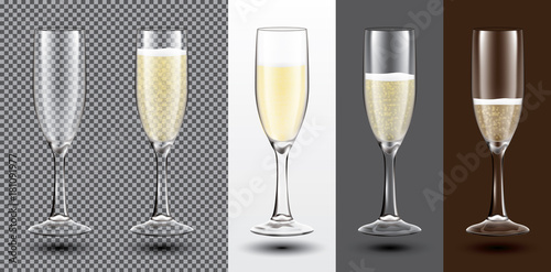Champagne Glass Set on Different Backgrounds. Transparent. Vector Illustration.