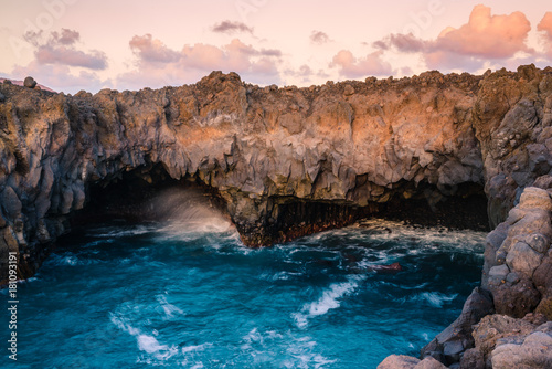 Stunningly beautiful lava caves and cliffs in Los Hervideros after sunset. Lanzarote. Canary Islands. Spain