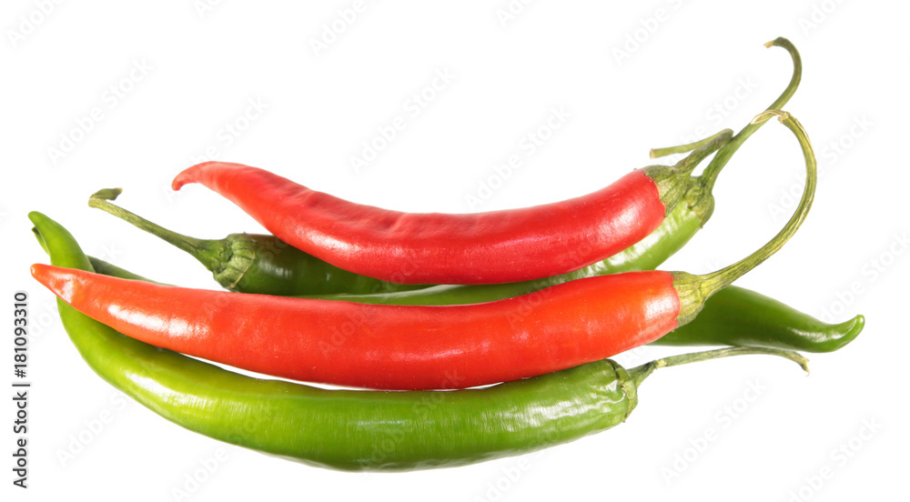 Green and red chili peppers isolated on white background