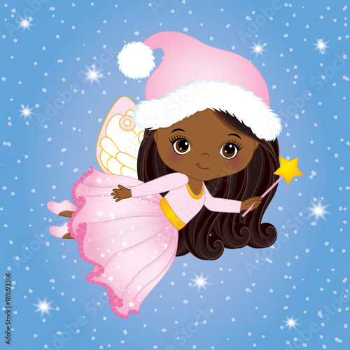 Vector Cute Little Christmas Fairy with Magic Wand Flying