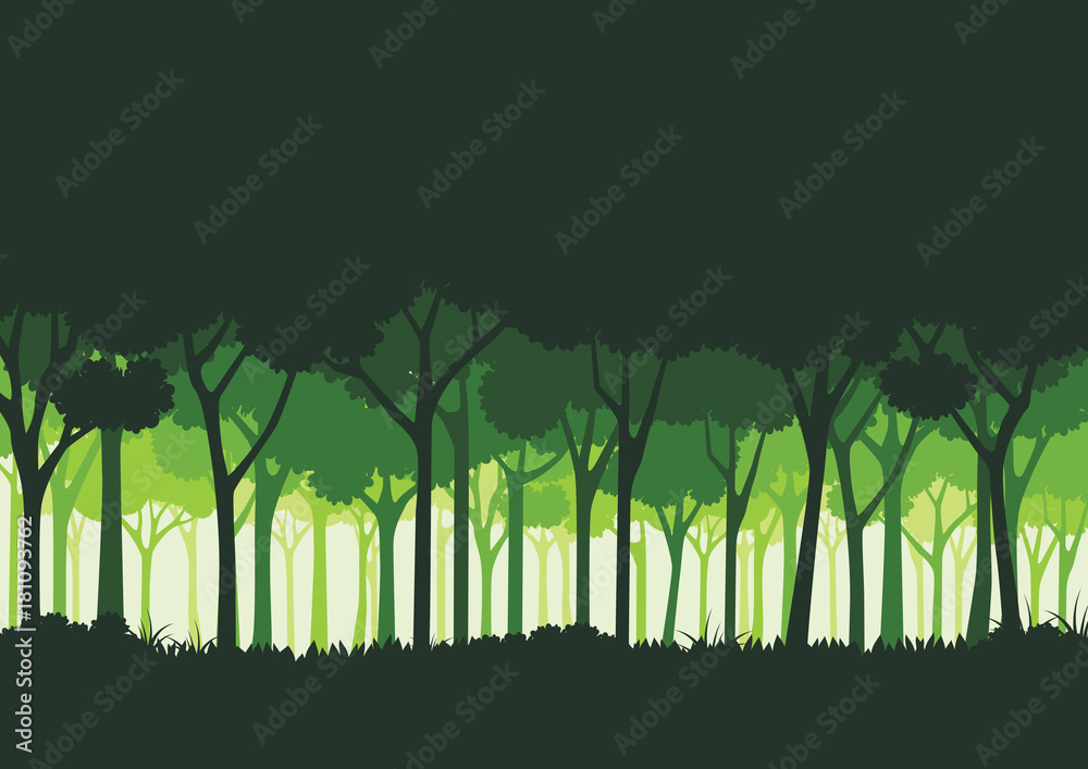 Naklejka premium Zielona sylwetka lasu streszczenie tło. Płaska konstrukcja koncepcja ochrony przyrody i środowiska. Ilustracja wektorowa.