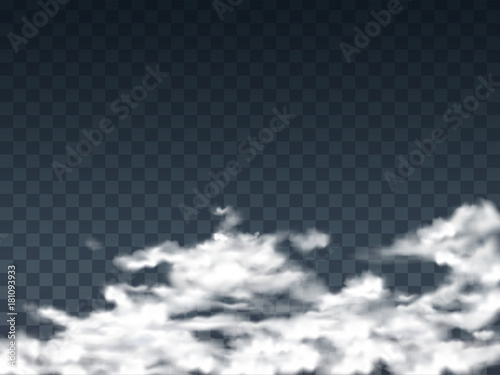 Transparent white clouds in a realistic style on a transparent background, vector illustration. Template, element for design. Banner with clouds and place for your text