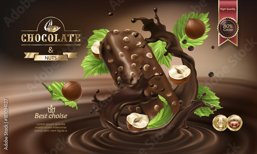 Splashes of melted chocolate with falling chocolate bar and nuts, vector 3D realistic illustration. Mock up advertising poster for promoting elite dark chocolate