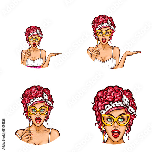 Set of vector pop art round avatar icons for users of social networking, blogs, profile icons. Surprised woman with an open mouth holding a vintage lorgnette in her hand