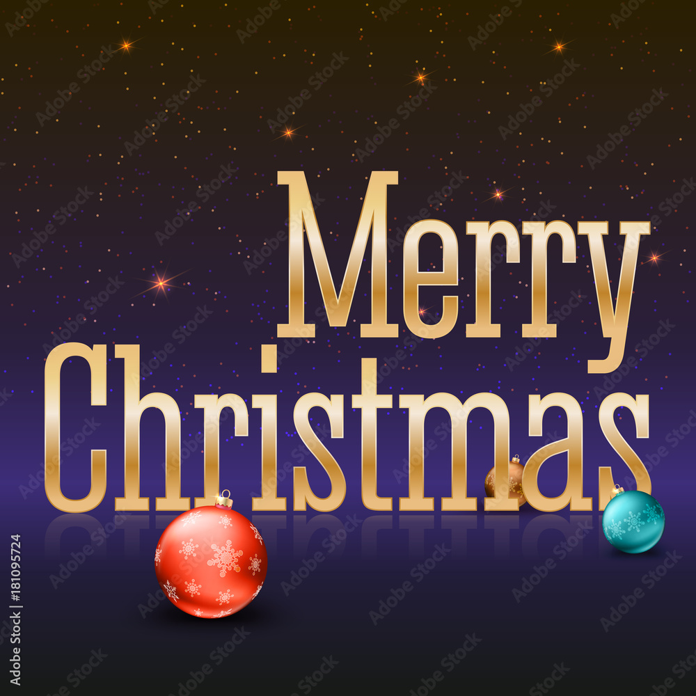 Greeting card with a big golden inscription Merry Christmas and color Christmas balls with snowflakes. 3D illustration with flares and glowing. Template for greeting card, Christmas invitation