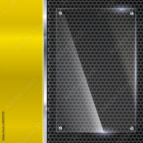 Yellow metallic background with glass banner. Glass, polished metal and metal mesh on backdrop. Poster template for sales or advertising for auto, hardware and electronics store, 3D illustration