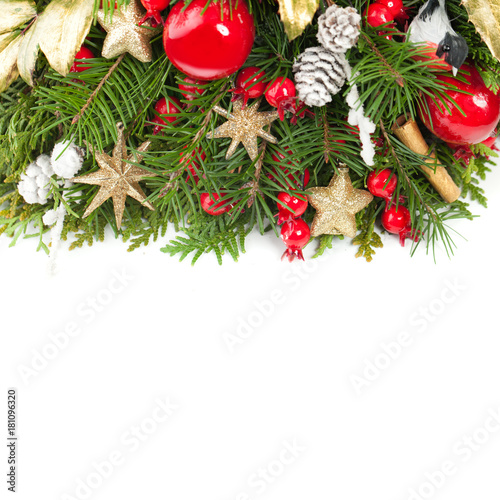Christmas Concept. Red Christmas Balls  Decoration  Xmas Tree Twig  Golden Glitter Star on White Background. New Year Background Border with Copy Space