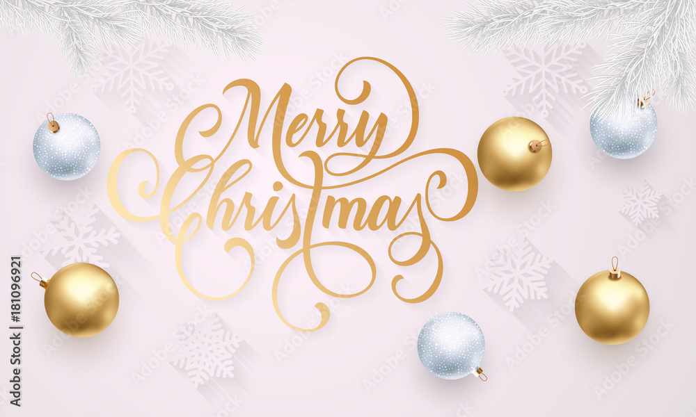 Merry Christmas greeting card of golden decoration balls, gold glittering  confetti and stars glitter on premium white background. Vector Christmas or  New Year wish calligraphy text for winter holiday Stock Vector