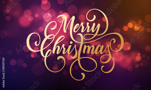 Merry Christmas greeting card of sparkling festive bokeh light background and golden calligraphy lettering wish, Vector festive glitter shine with light effect for Christmas or New Year holiday