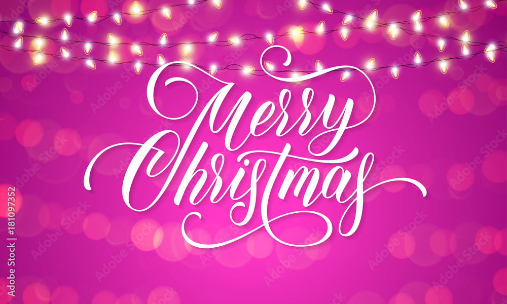 Merry Christmas greeting card calligraphy and Christmas lights garland on sparkling bokeh light background with blur effect. Vector festive shine and wish lettering for New Year winter holiday Merry Christmas greeting card calligraphy and Christmas lights garland on sparkling bokeh light background with blur effect. Vector festive shine and wish lettering for New Year winter holiday