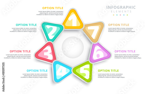 Business 7 step process chart infographics with triangles. Triangular corporate graphic elements. Company infograph presentation slide template. Modern vector process info graphic layout design.