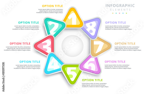 Business 8 step process chart infographics with triangles. Triangular corporate graphic elements. Company infograph presentation slide template. Modern vector process info graphic layout design.