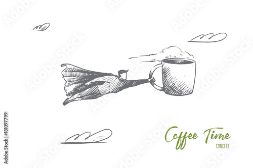 Coffee time concept. Hand drawn superhero with cup of coffee in hand. Flying man holds cup with hot drink isolated vector illustration.