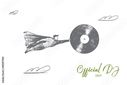 Official DJ concept. Hand drawn superhero with vintage vinyl record in hand. Flying man holds vinyl record as symbol of music isolated vector illustration.