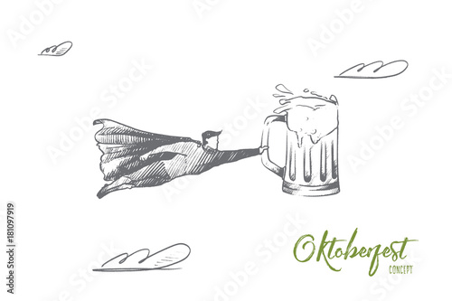Octoberfest concept. Hand drawn superhero with mug of beer the symbol of traditional german festival. Flying man holds beaker with beer isolated vector illustration.