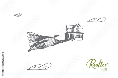 Realtor concept. Hand drawn superhero with symbolic house in hands. Flying man holds toy house as symbol of real apartments isolated vector illustration.
