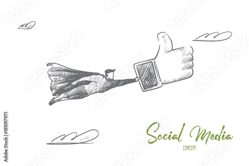 Social media concept. Hand drawn superhero with big like in hand. Flying man holds sign like from social network isolated vector illustration.