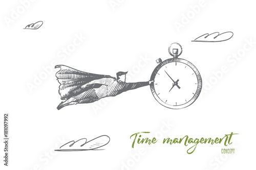 Time management concept. Hand drawn superhero with big clock in hand. Flying man holds watch which remind about deadline isolated vector illustration.