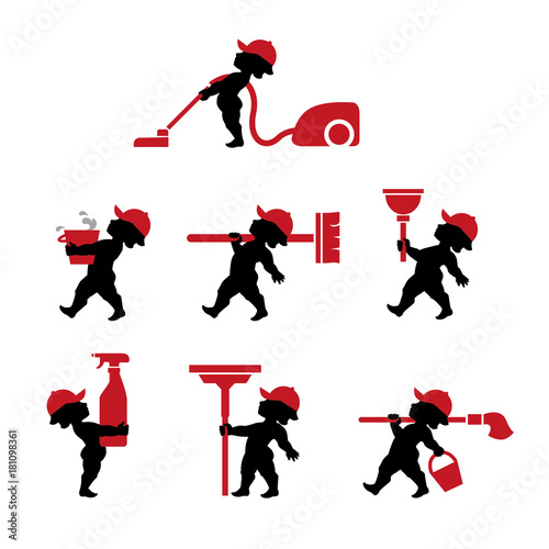 Vector illustration of cupido cleaning staff with tools. Icons set of cleaner professional masters with rags, cloths, bucket, vacuum cleaner, squeegee and other cleaning supplies tools.